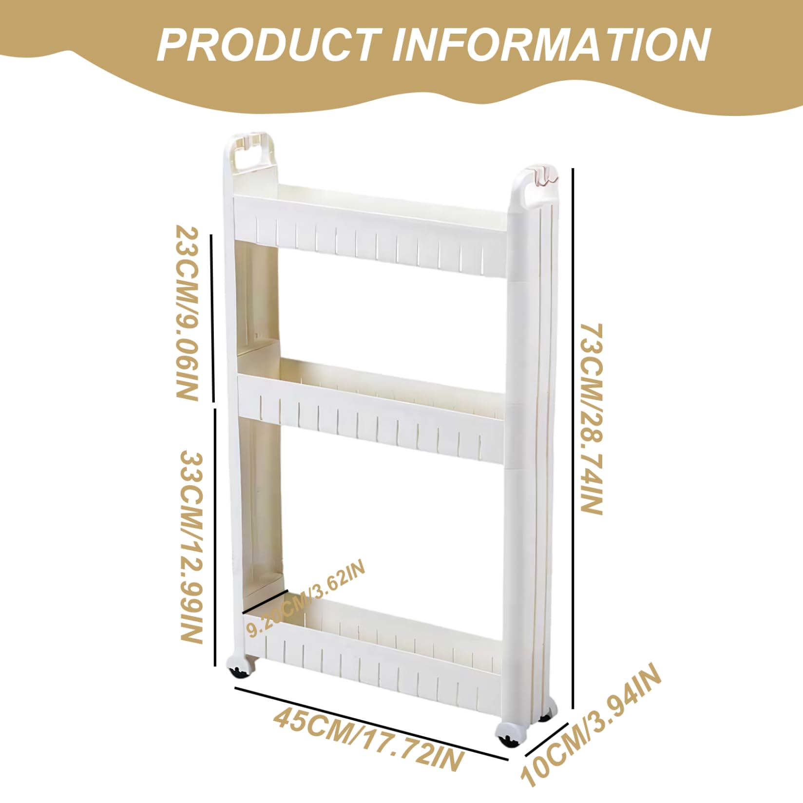 Carrito utilitario delgado de 3 niveles con ruedas, carrito de almacenamiento estrecho con ganchos y divisiones, estantes de plástico para cocina, baño, oficina, lavandería, 29 x 18 x 4 pulgadas