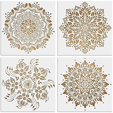 MWOOT 4 Stück Groß Mandala Dot Schablonen Stencils Kit, Wiederverwendbares Malerei Vorlage Zubehör, DIY Blume Schablone zum Malen an der Wand Fliesen Segeltuch Kissen Dekoration (30x30CM) Cover