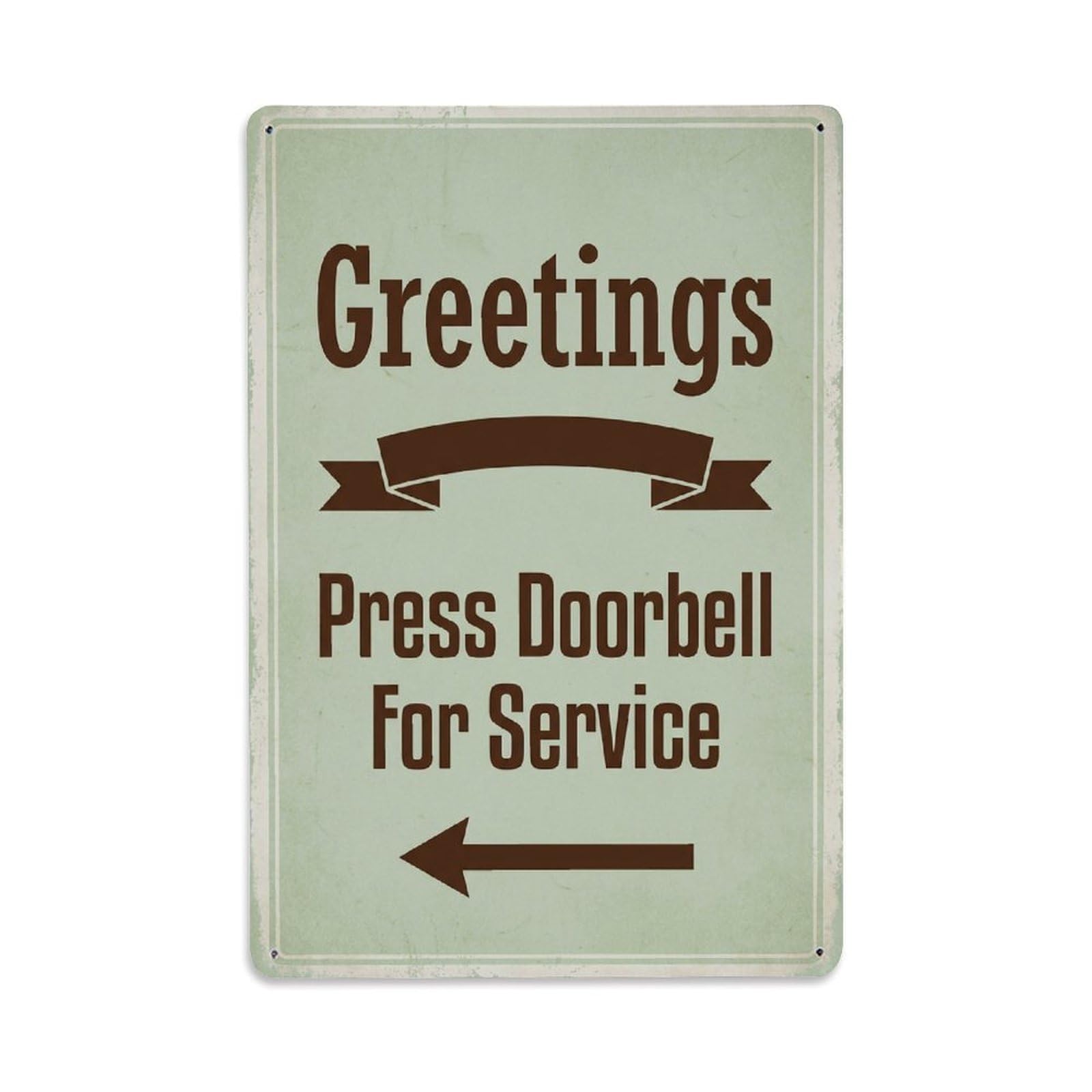 Metal Tin Sign Vintage Greetings Press Doorbell For Service Arrow Ribbon
