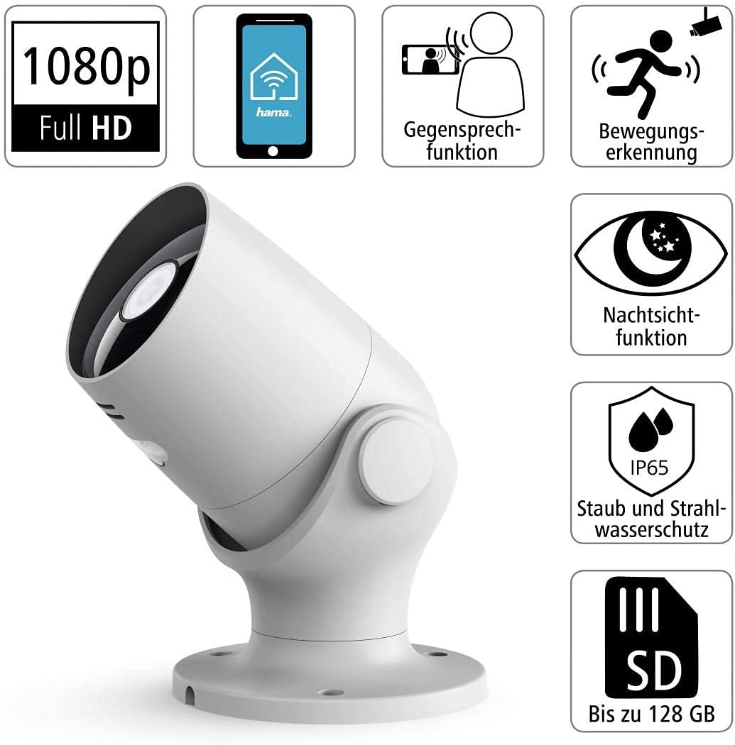 Hama Überwachungskamera WLAN (WLAN Kamera f. außen, Outdoor-Kamera mit Sprach- u. App-Steuerung, wetterfeste Außenkamera mit Bewegungsmelder, Nachtsicht, 2-Wege-Audio, Aufzeichnung, 1080p) weiß