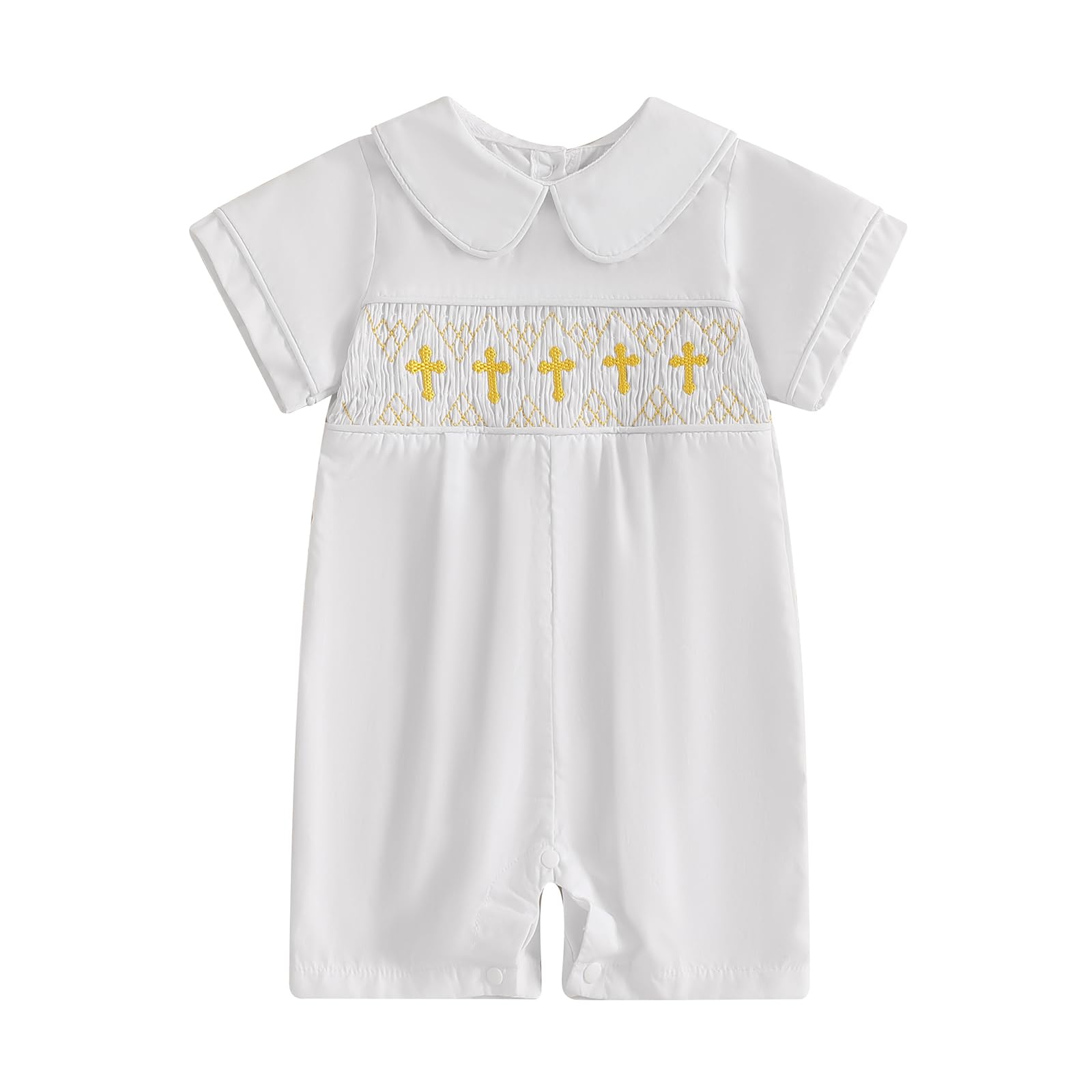 GINEVSAL Baby Boy Baptism Outfit Cross Shirred Doll Collar Jumpsuit Romper Bodysuit Cute Summer Clothes (White, 6-12 Months)