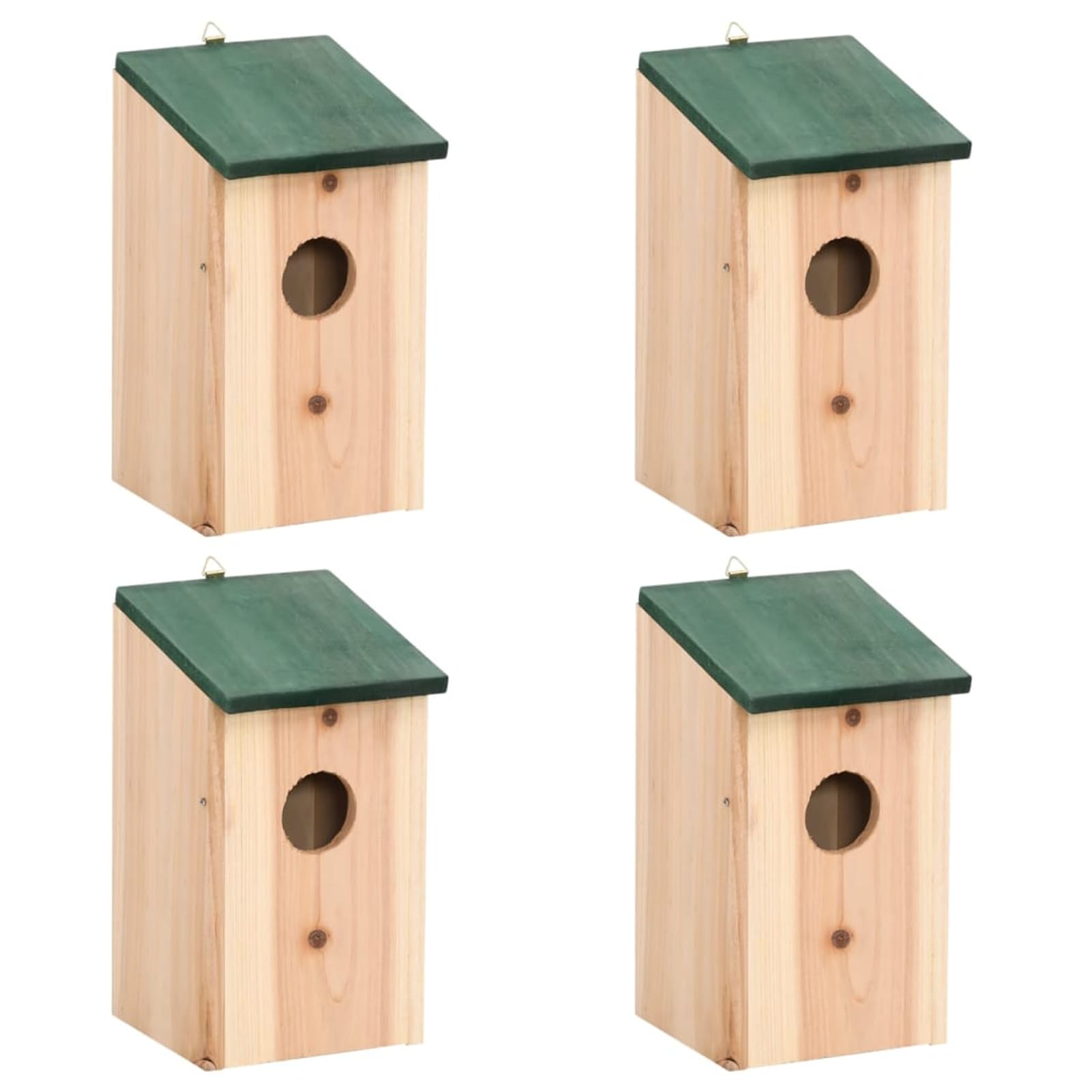 Casetta per Uccelli in Legno di Pino, 4 Pezzi con Tetto Verde e Gancio in Metallo, Dimensioni 12x12x22 cm, Foro 4 cm, Decorazione da Giardino