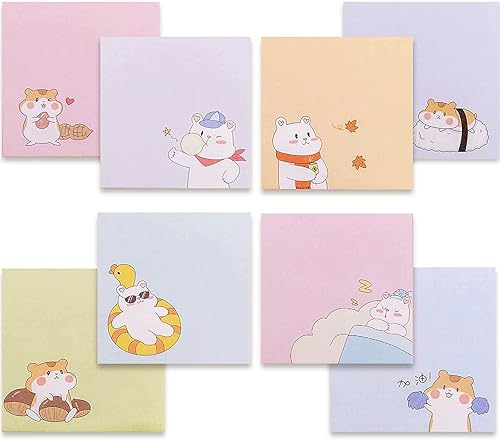 Paquete de 8 blocs de notas adhesivas kawaii con notas adhesivas para hámster y oso blocs de notas autoadhesivas de 285 x 285 pulgadas blocs de