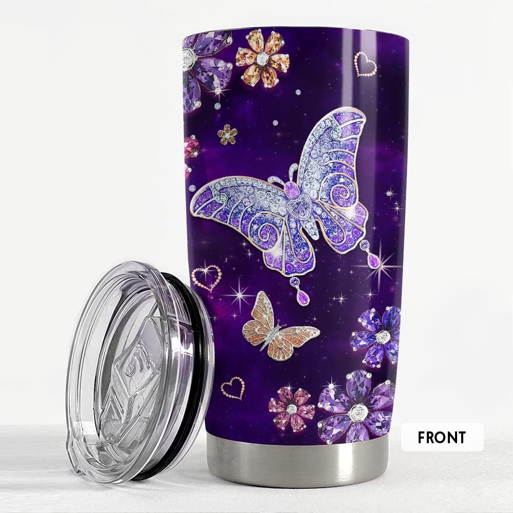 SANDJEST Purple Butterfly Tumbler Jewelry Style Butterfly Lover 20oz Tumblers with Lid Gift for Women Girl Daughter Sister Mom Christmas Birthday Present - Image 3
