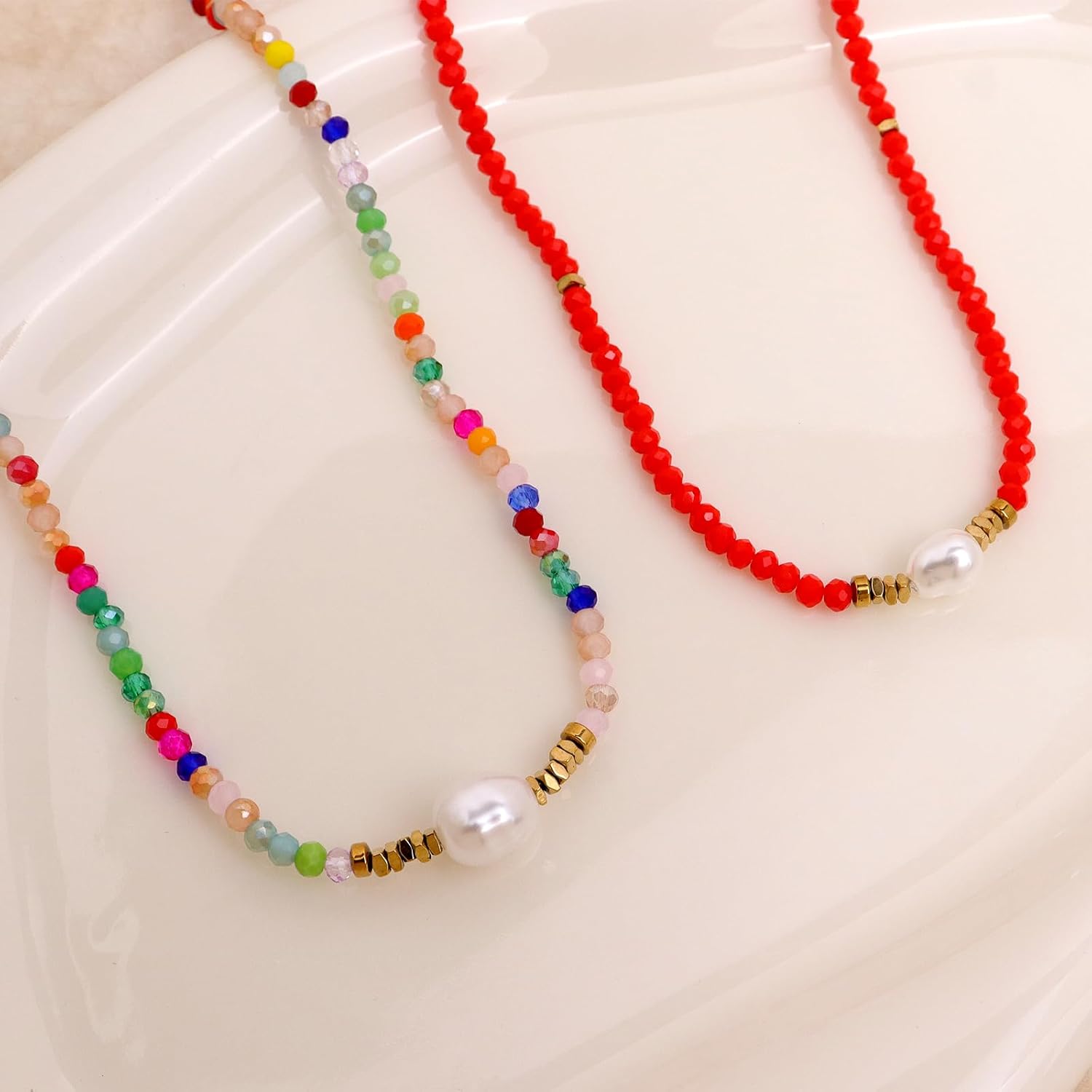 Freshwater Pearl Colorful Gemstone Beaded Stack Choker Necklaces for Women, Handmade Golden Flat Beads Stackable Necklace Fashion Jewelry Gift. - Image 6
