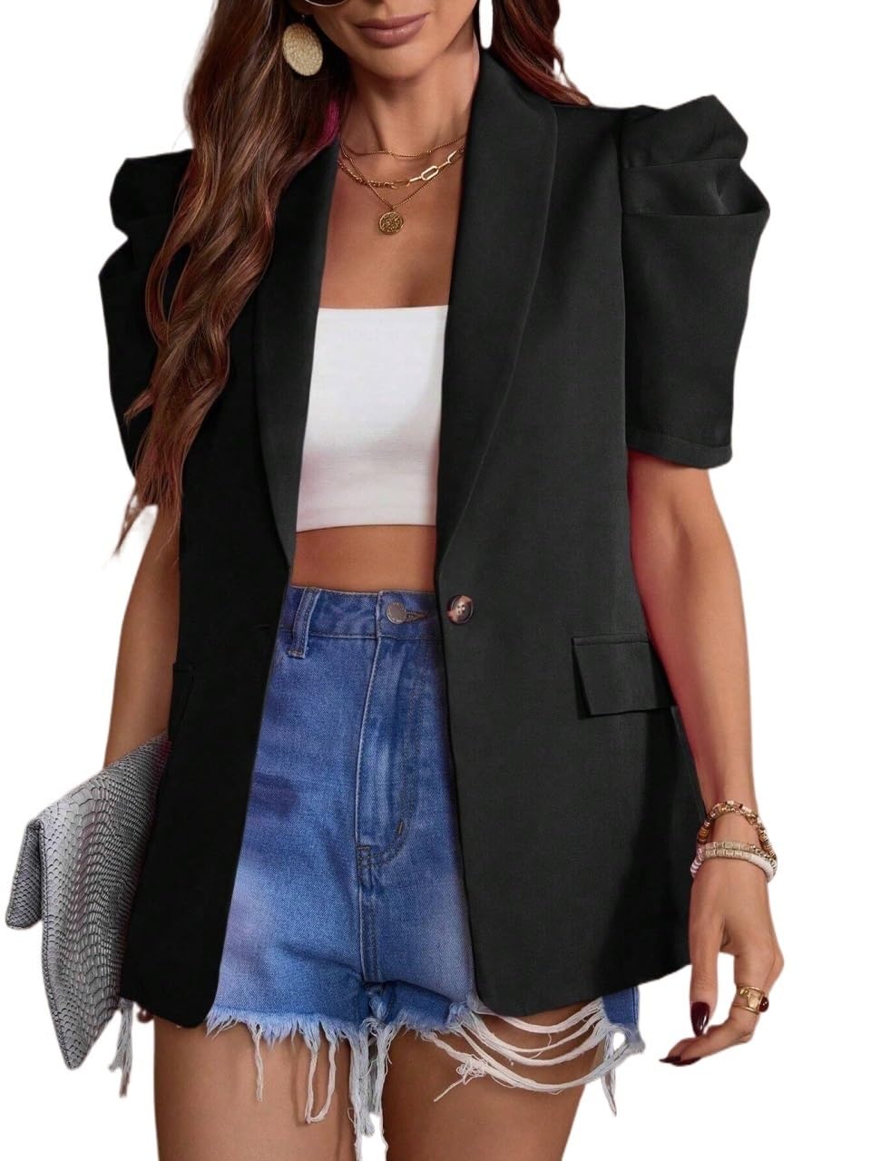 Blazers for Women 2025 Puff Sleeve Resin Button Straight Shoulder Blazer Trendy Jacket
