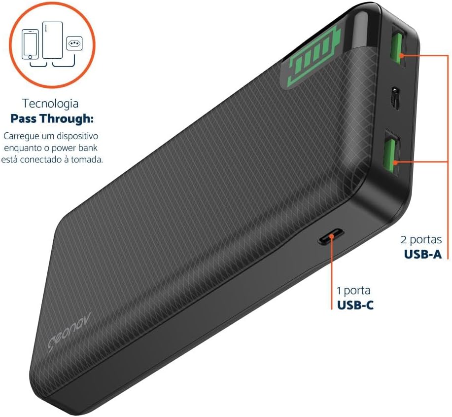 Geonav Power Bank, Carregador Portátil Universal 20.000mAh, 2 saídas USB QC 3.0 para carregamento rápido + 1 saída USB-C (PD) até 18W, até 7 recargas, PB20KBK, Preto Geonav Power Bank, Carregador Portátil Universal 20.000mAh, 2 saídas USB QC 3.0 para carregamento rápido + 1 saída USB-C (PD) até 18W, até 7 recargas, PB20KBK, Preto