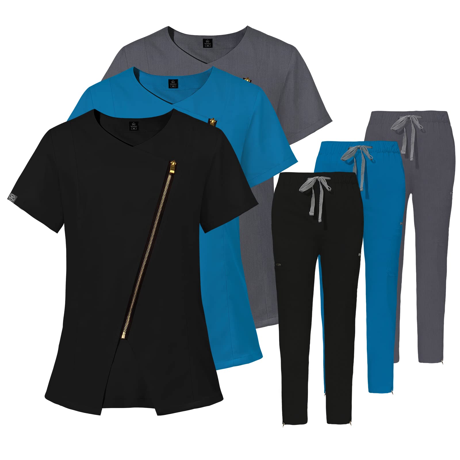VIAOLI Women's Solid Stretch Medical Uniform Scrub Set V Neck Top Cargo Tapered Jogger Multi-Pocket Pants Clearance Suit (Black, XS)