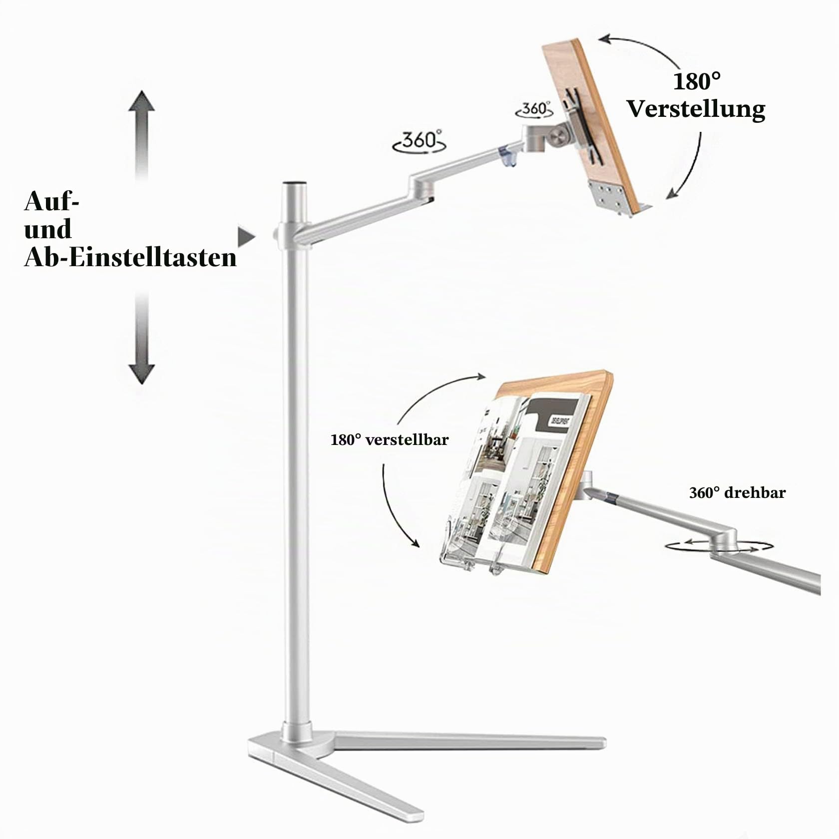 BIEGEN Buch Halterung Zum Lesen Höhenverstellbar 55-100cm 180 Grad Schwenkbar Buchständer mit Seitenclips Zum Lesen Verstellbarer Höhenwinkel Bodenständer (Wood)