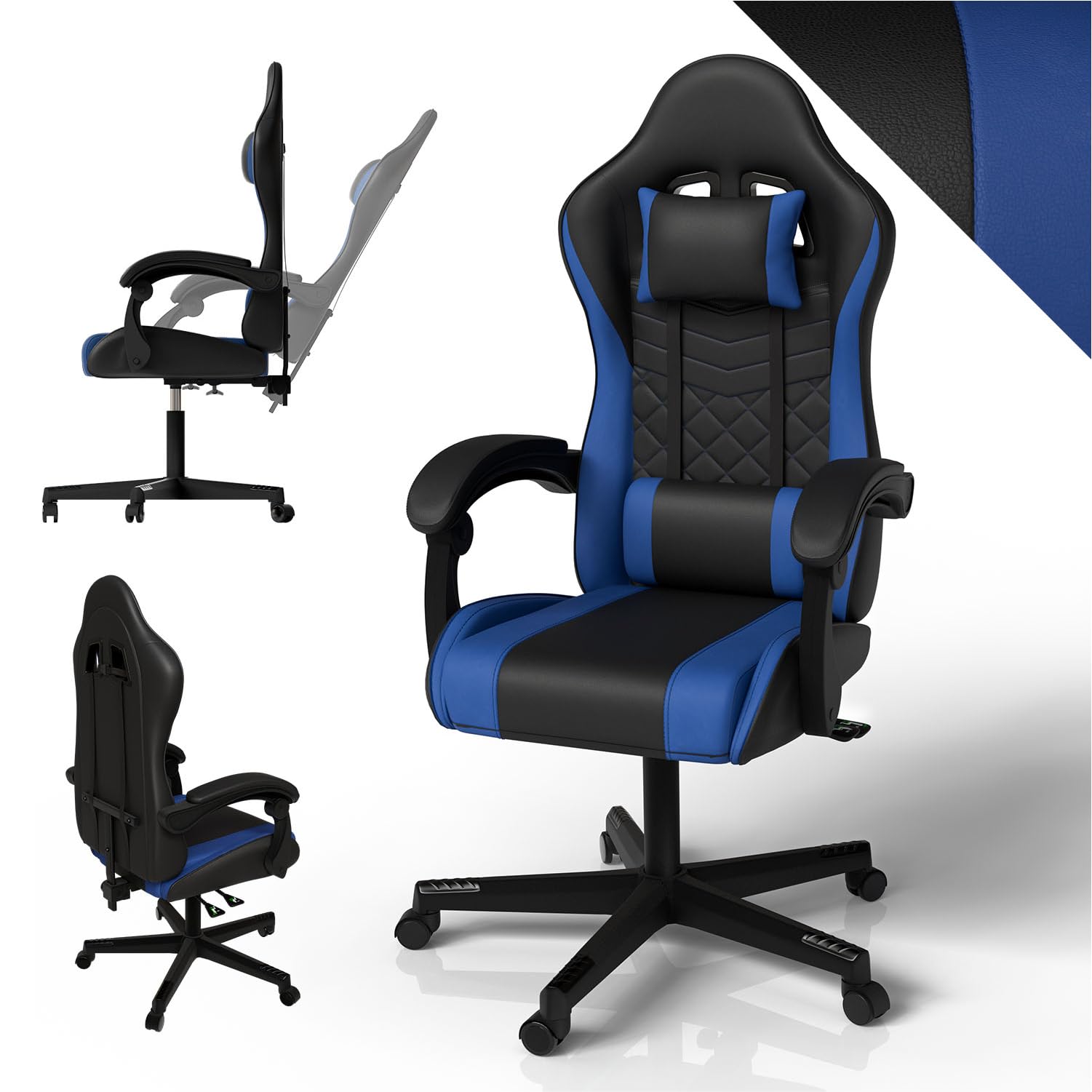 Juskys® Gamingstuhl HyperSeat — Höhenverstellbar, verstellbare Rückenlehne & gepolsterte Armlehnen, Kunstleder, ergonomisch & belastbar — Schwarz/blau