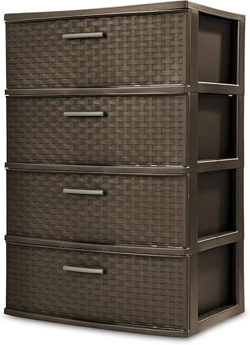 TNLOJI Brown Storage Drawer, 4 Drawer Plastic Weave Wide Tower with Pull Handles