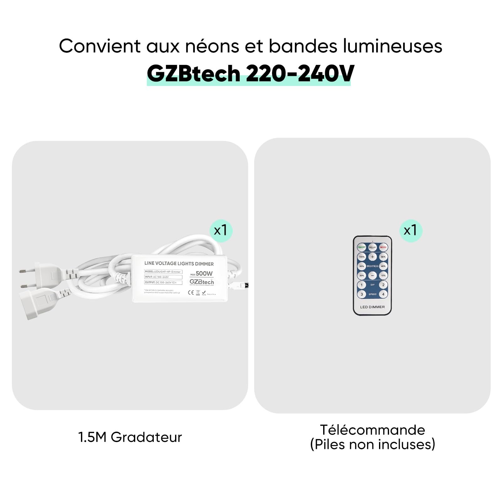 GZBtech Dimmer universale per strisce LED, dimmer da 500 Watt con telecomando, portata di controllo 20 m (spina a 2 pin)