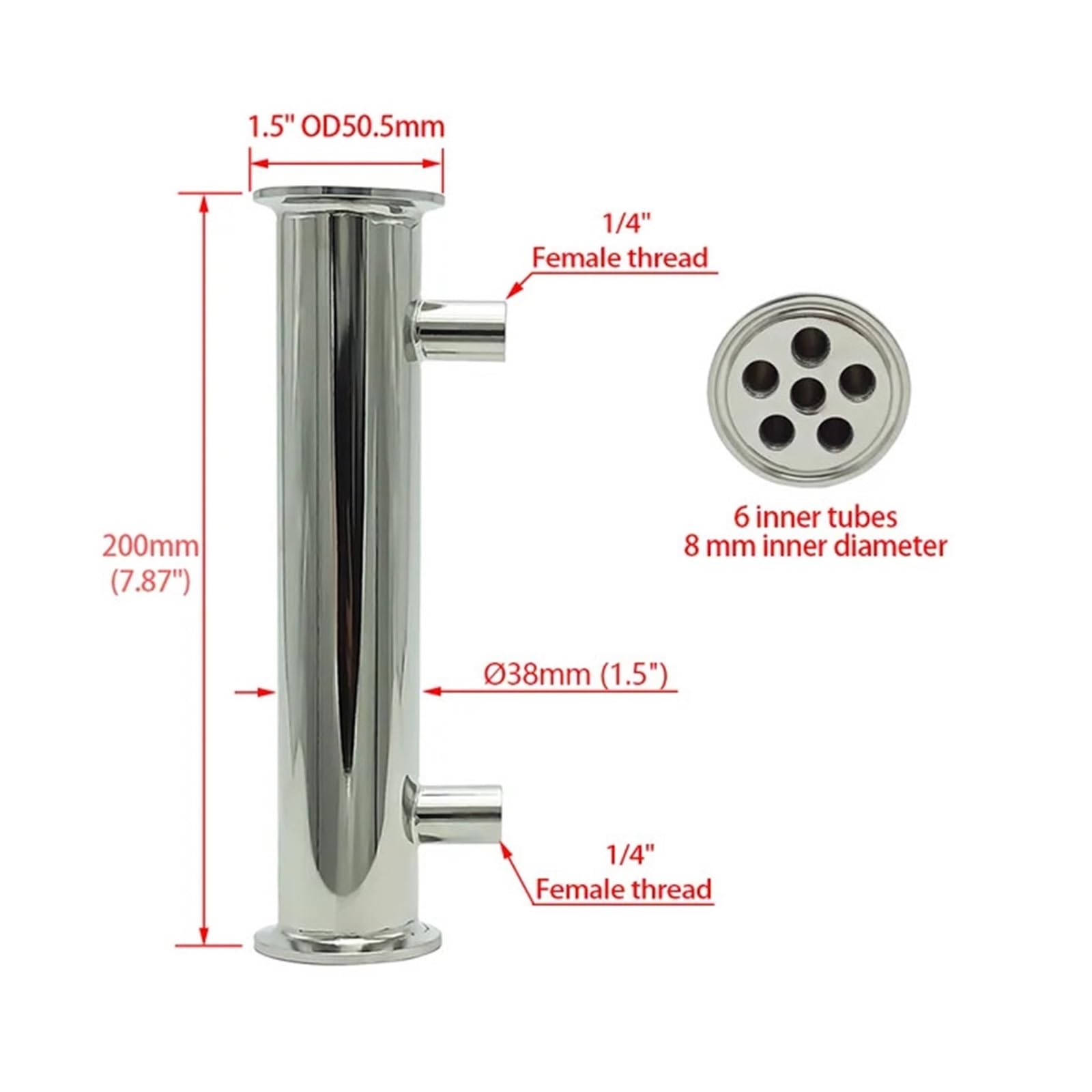 Dephlegmator 1,5 "38mm(OD51mm) 304 Condensador de reflujo de Acero Inoxidable Altura 200mm Dentro de 6 Tubos for Columna de destilación Moonshine