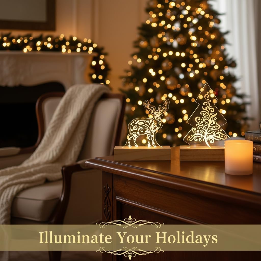 Young's Inc Acrylic LED Deer & Christmas Tree Light-Up Tabletop Decor, Set of 2 Warm White Glow with Timer, Wooden Base, Holiday Mantel, Entryway & Office Christmas Decorations