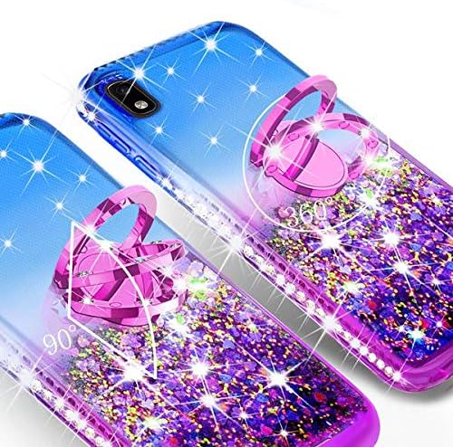 Galaxy A20 / A30 / A50 Case w/Tempered Glass Screen Protector Liquid Quicksand Glitter Cute Bling Ring Kickstand Girls Women Cases Compatible for Samsung Galaxy A20/A30/A205U - Purple/Blue