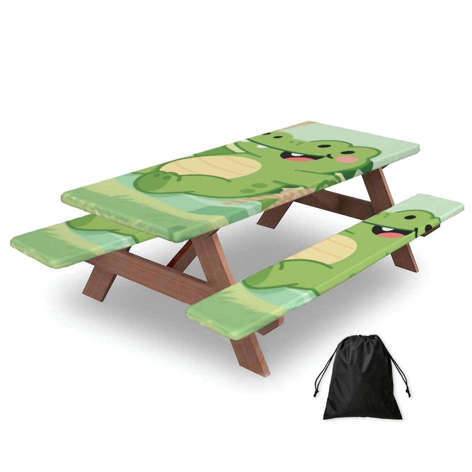 FekiLoot Alligator Picnic Table Cover with Bench Covers and Bag, Windproof Waterproof Rectangle Tablecloth with Elastic Edges Fitted Camping Table Covers Portable Camping Accessories