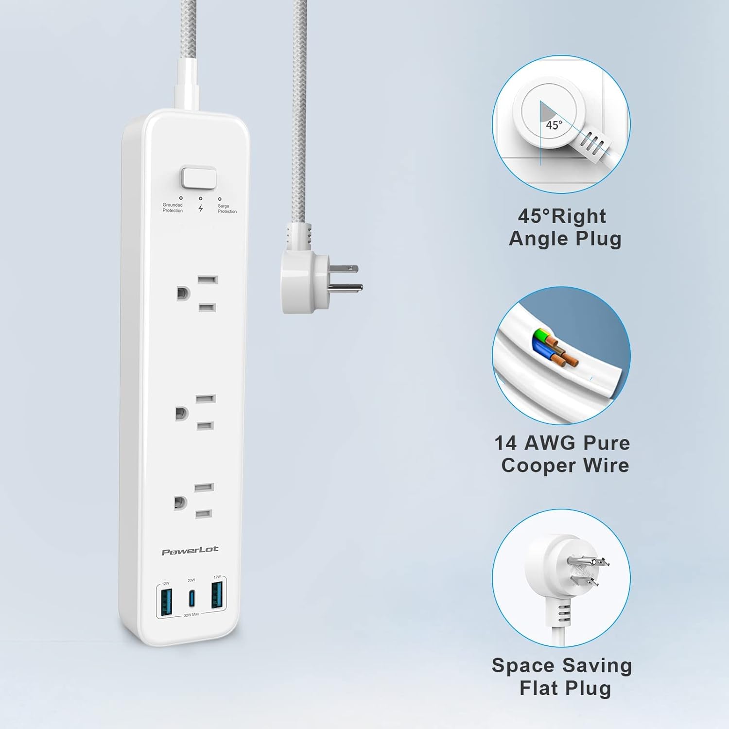 Power Strip, PowerLot USB Power Strip Surge Protector, 3 Outlets & 32W USB (1 USB C& 2 USB A) PD Power Strip with Extension Cord 5ft, ETL Flat Plug Power Strip with USB for Home, Office,and Dorm Room