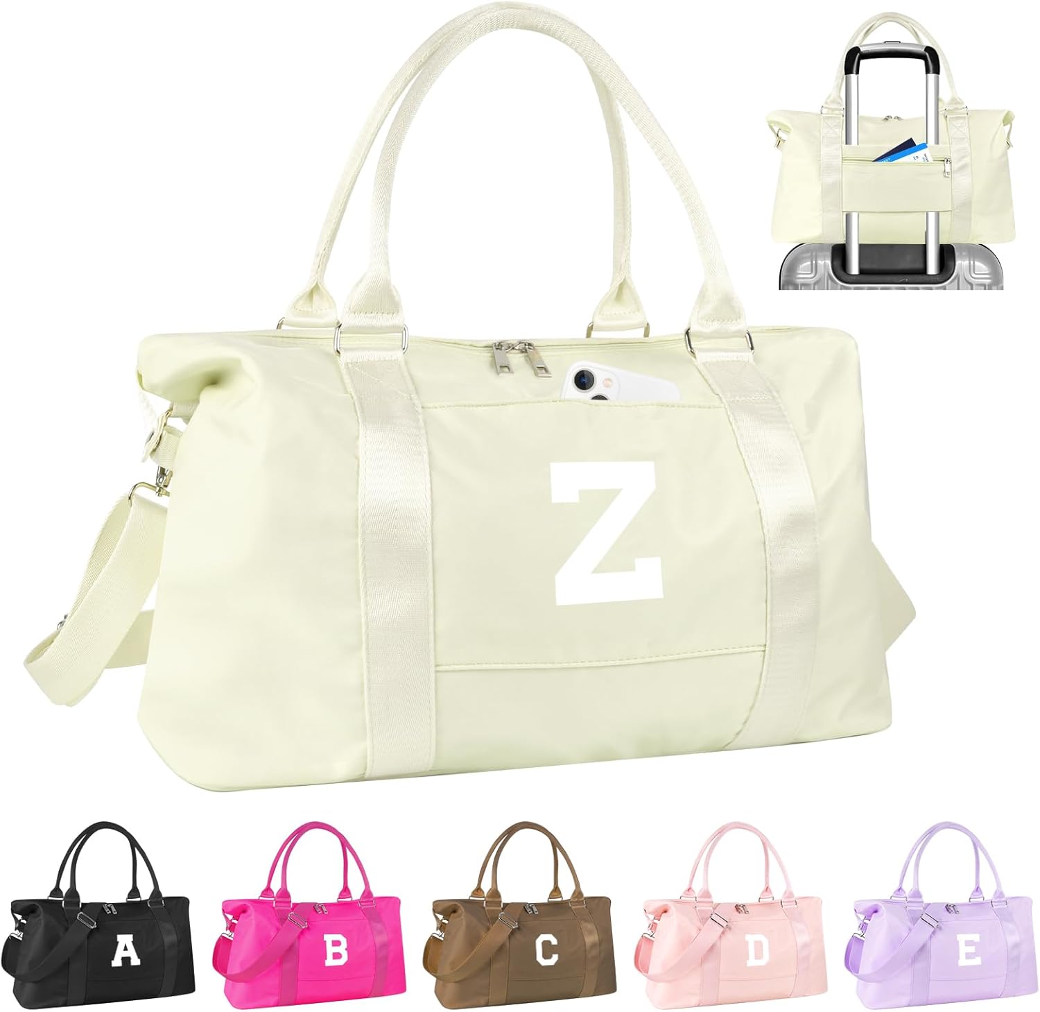 Initial Travel Duffel Bag Sports Gym Bag for Kids Teen Birthday Gifts,Beige Personalized Weekender Bag Carry On Dance Bags for Women Men,Waterproof Monogram Overnight Bag with Trolley Sleeve(Letter Z)