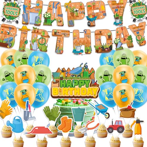 Gardening Tool Birthday Party Decorations Set, Gardening Tool Party Supplies Gardening Tool Banner Cake Topper Cupcake Toppers Balloons for Gardening Party Decorations