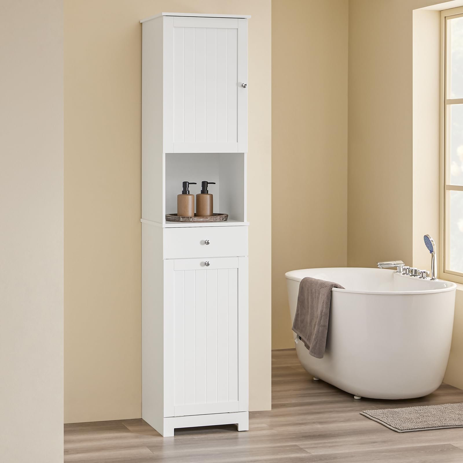 SoBuy Mobile Bagno Salvaspazio con Cesto Portabiancheria 45L 40x38x180cm | Colonna Bagno Stretta con Cassetto Ripiano Aperto e Anta Mobiletto per Lavanderia o WC BZR216-W