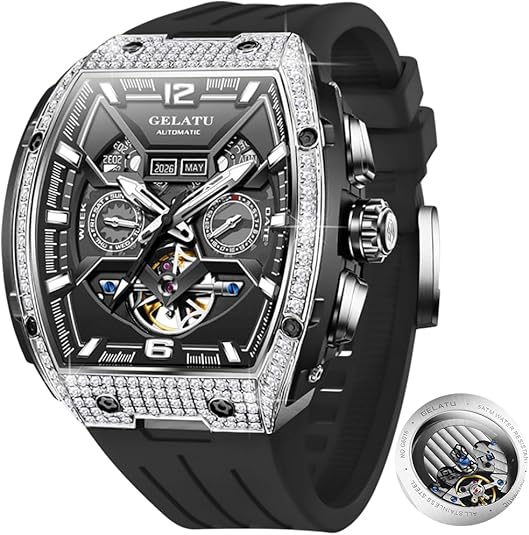 OLEVS GELATU Men Watch Automatic Tonneau Watch Skeleton Mechanical