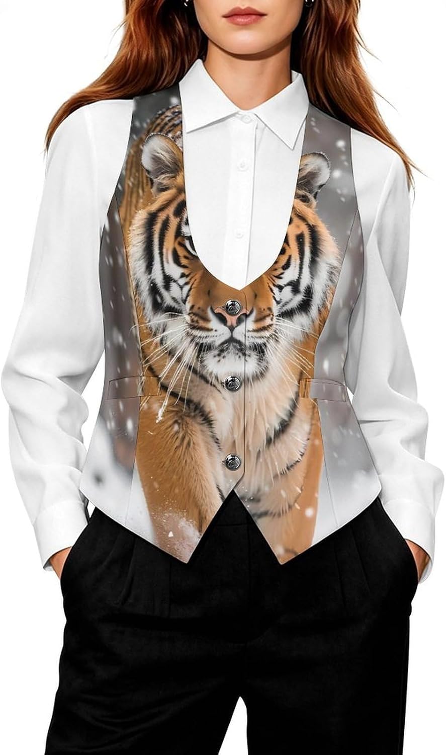 Tiger in Snowy Women's Tuxedo Waistcoat Suit Vest | 3 Button V-Neck Slim Fit Casual Sleeveless Top