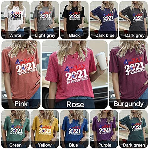 Domary Camiseta feminina estampada 4 de julho Bandeira patriótica estampa decote em O de manga curta