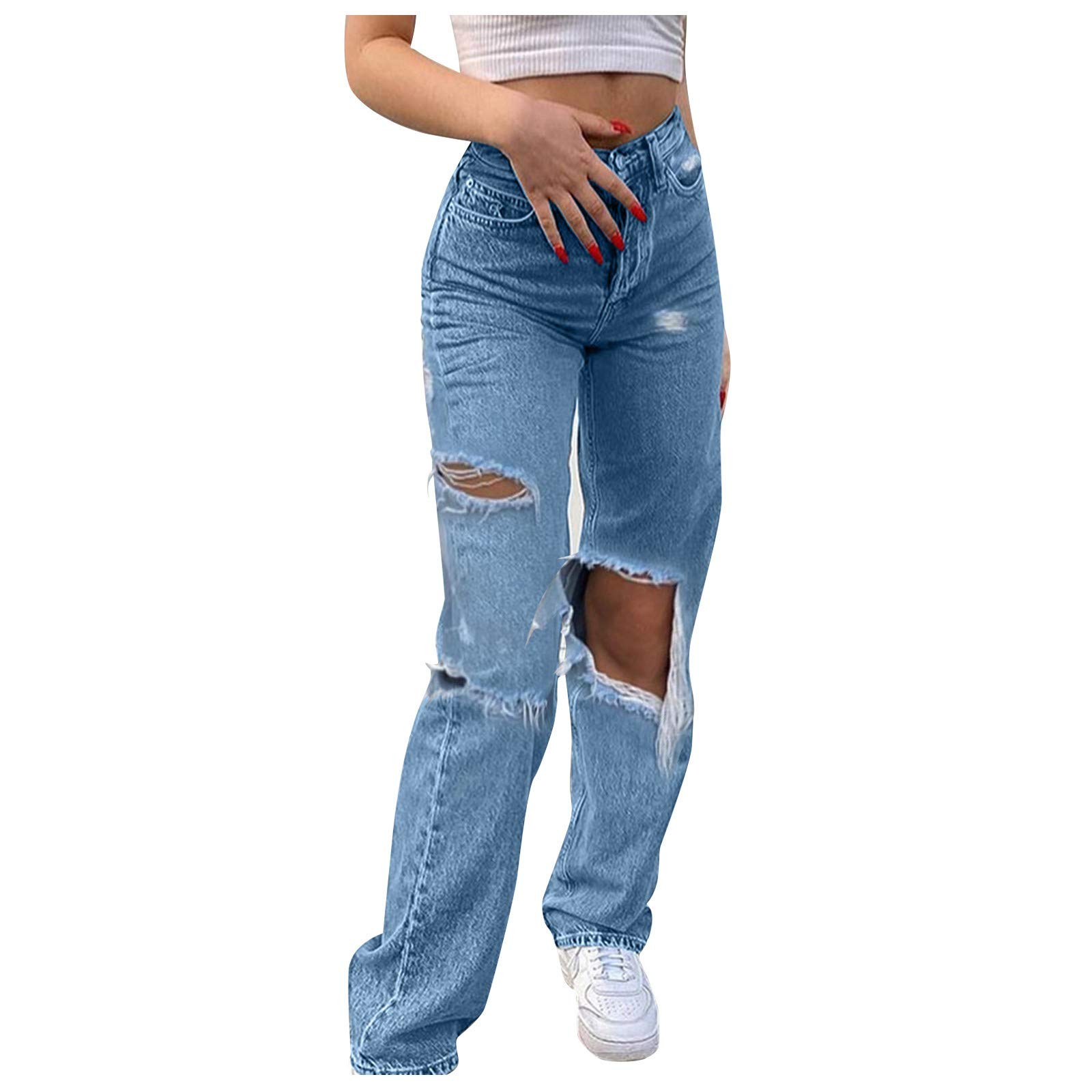 Jeans da donna a vita alta – jeans per adolescenti ragazze boyfriend jeans da donna strappati Y2k Jeans Baggy Denim Jeans Bootcut pantaloni da donna stretch jeans vintage 90 Hip Hop Streetwear, Blu