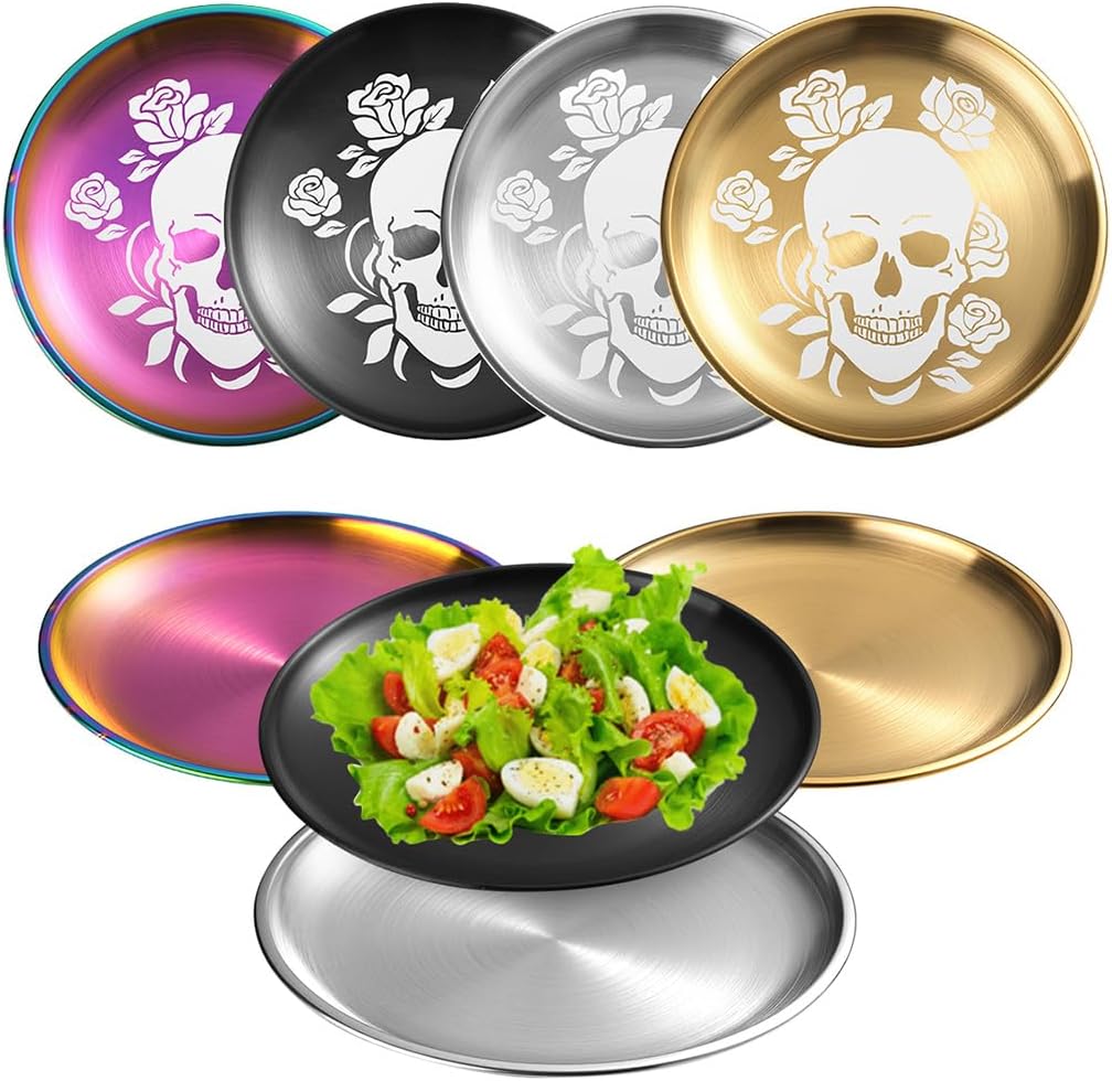 XIAOYU 6 Pack Halloween Skeleton Stainless Steel Dinner Plates, Skull Gothic Round Metal Plates, Unique Skull/Flower Pattern Design, Metal Dinner Dishes For Dinner, Party, Camping, Dishwasher Safe