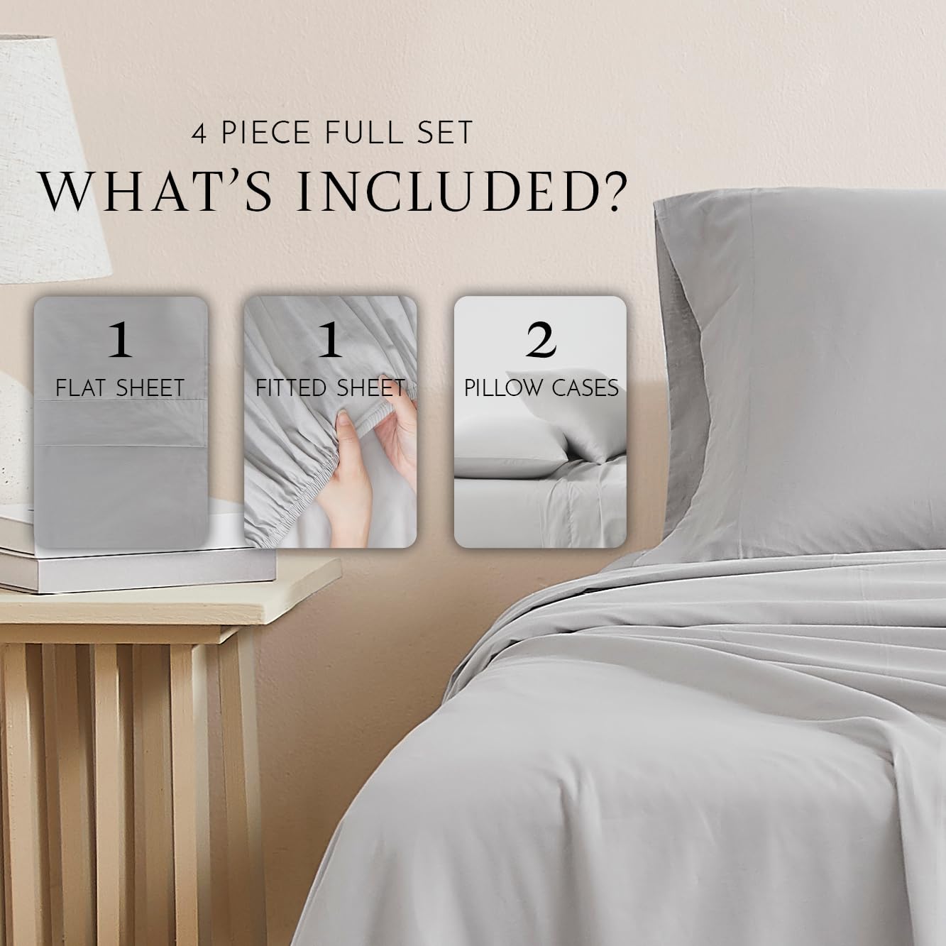 Linen Closet Luxury Cotton 144 Thread Count Organic Cotton 4-Piece Sheet Set, Full, Light Grey - Image 2
