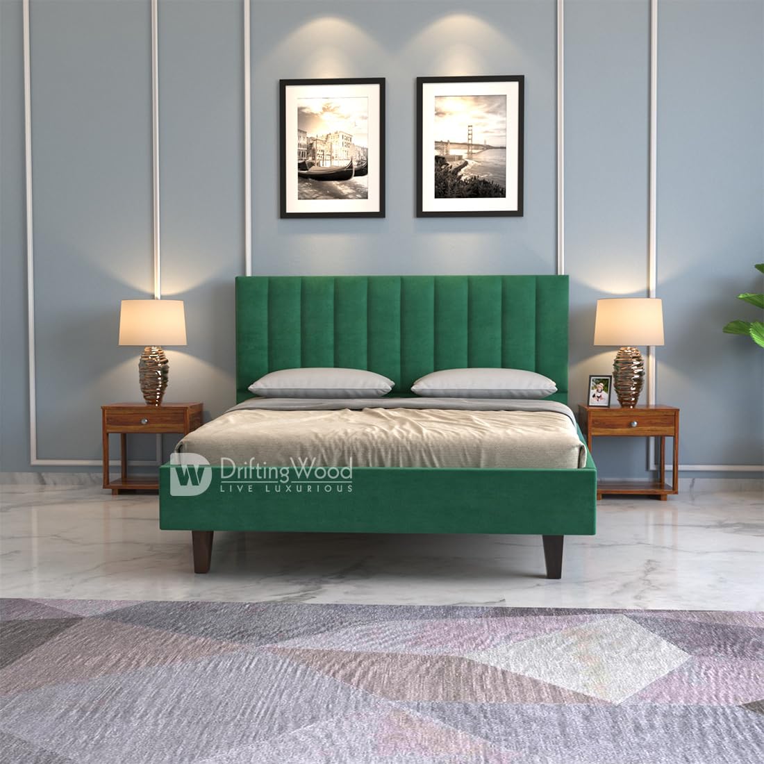 DRIFTINGWOOD Florina Engineered Wood Low Height King Size Bed Without Storage | Wooden Double Bed | Low Floor/Level/Profile Cot Bedroom Furniture | Green, Self Assembly (DIY)
