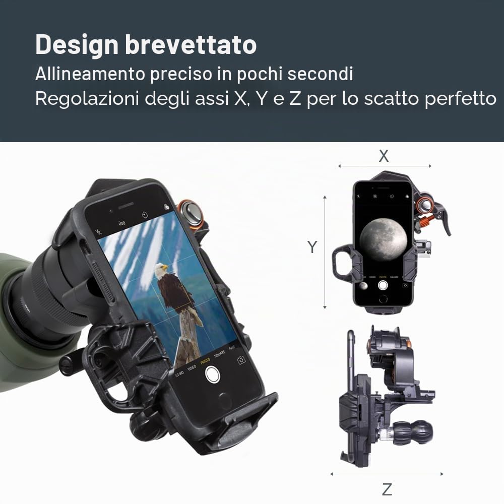 Celestron 81055 NexYZ Adattatore universale per smartphone a 3 assi, design brevettato - funziona con telescopi, cannocchiali, binocoli, monocoli e microscopi, nero