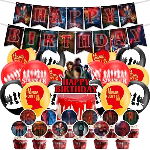 32 pcs Horror Birthday Party Decoration, Horror Party Decorations Kit, Include Cake Toppers Happy Birthday Banner, Anime Latex Balloons for Horror Themed Party Decorations