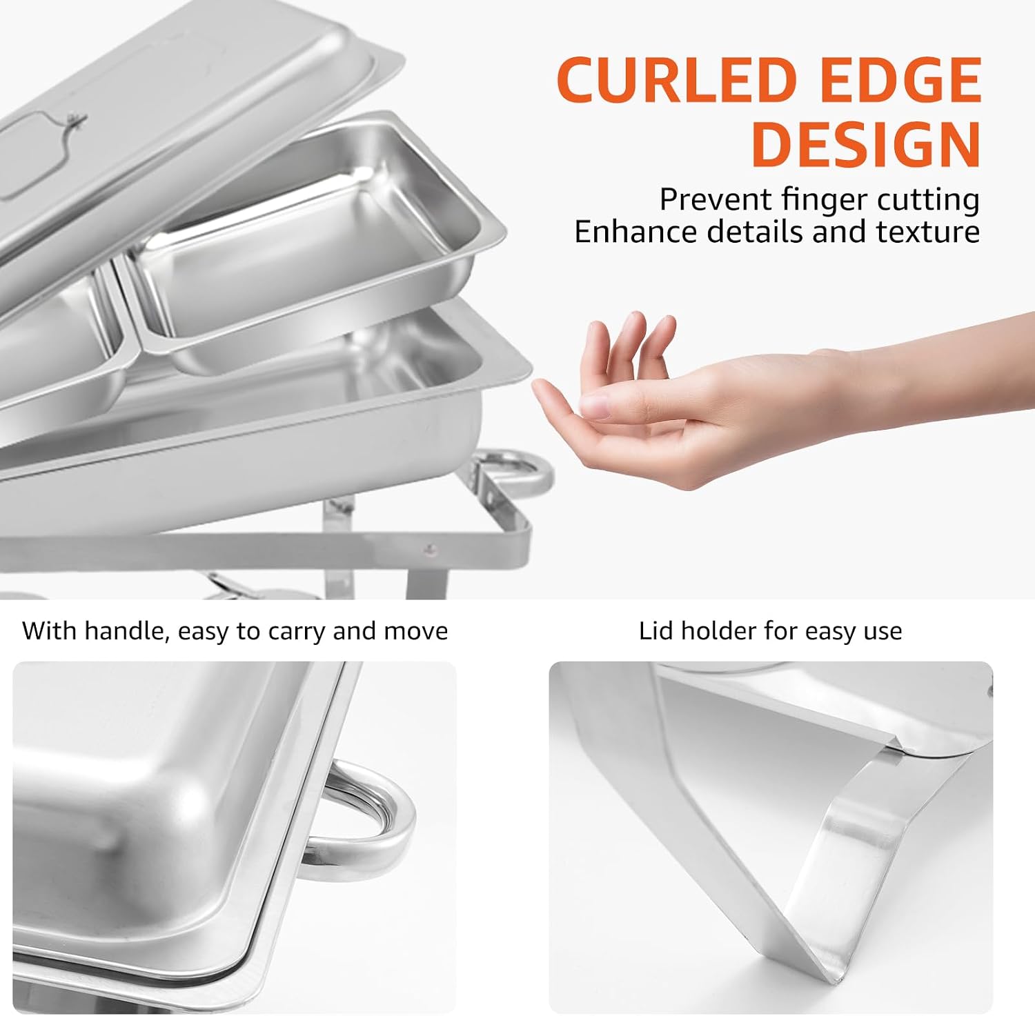 Stainless Steel Chafing Dishes for Buffet, 9 Quart Rolled Edge Design Chafing Dish Buffet Set with 1/2 Size Food Pan, Foldable Frame for Parties, Catering Supplies, Weddings (4 Pack)