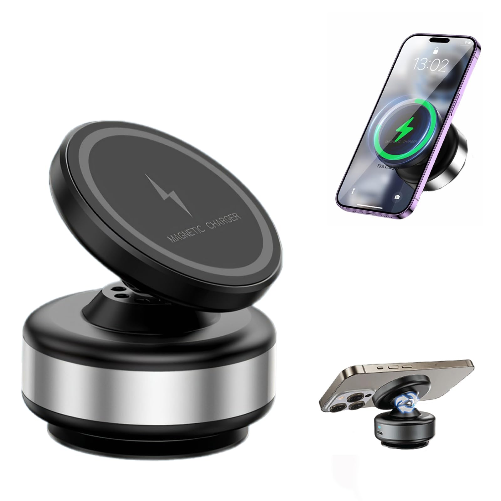 MPP Gripmaster Pro 360 Magnetic Holder New 2024, Car Mount One-Click Disassembly for Glass, Screens, Wall Tiles, Most Surfaces (Wireless Charging - Silver)