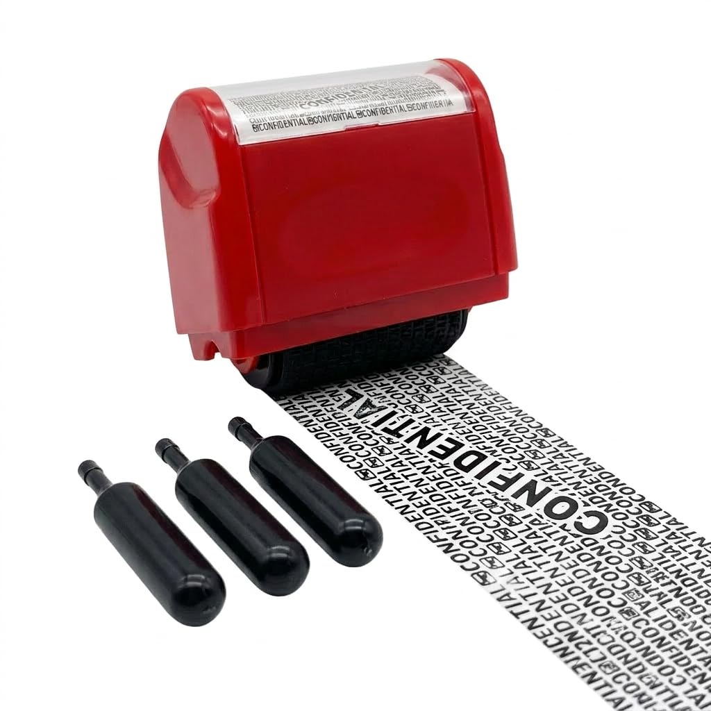 Red Identity Theft Protection Roller Stamp, 3 Refill Inks Address Blocker