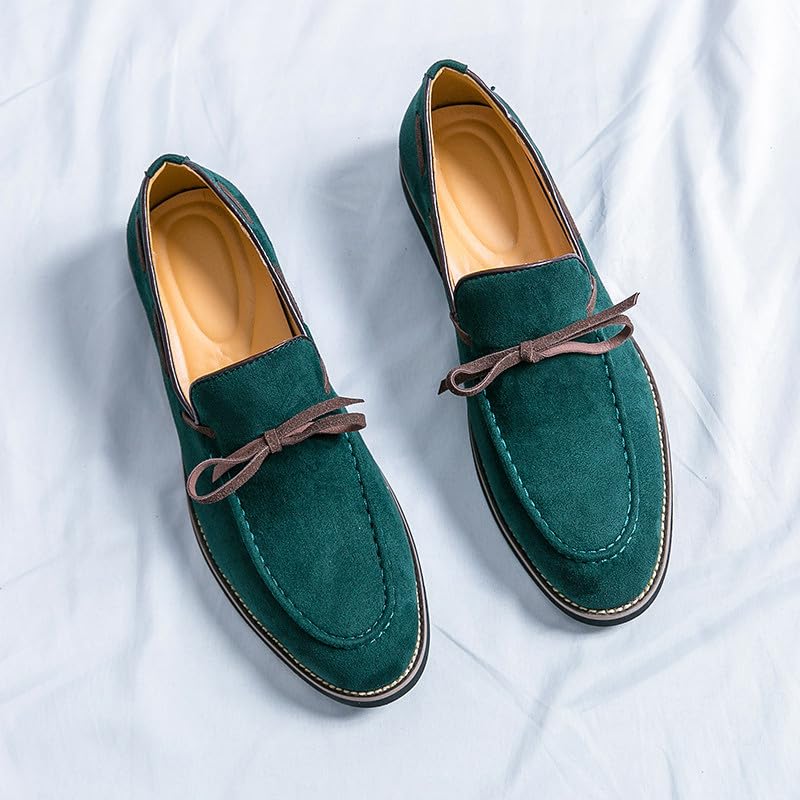 Santimon Men's Suede Moccasin Loafers Slip-On Casual Shoes with Bow Tie Detail Navy Green Brown2