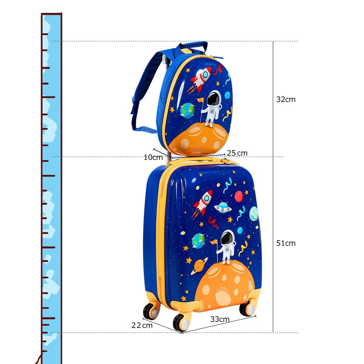 FANTASK Valigia per bambini + zaino, trolley per bambini in plastica, bagaglio per bambini, bagaglio a mano, valigia rigida per ragazzi e ragazze
