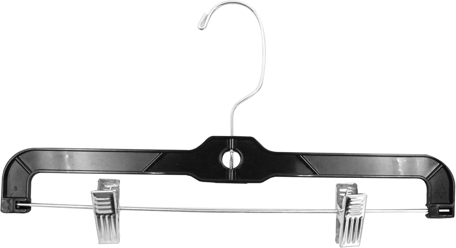 SSWBasics 14-Inch Black Plastic Skirt and Pants Hangers - Pack of 20 with Chrome Swivel Hook, Padded Clips - Perfect for Retail and Home Use, Holds Up to 6 Pounds