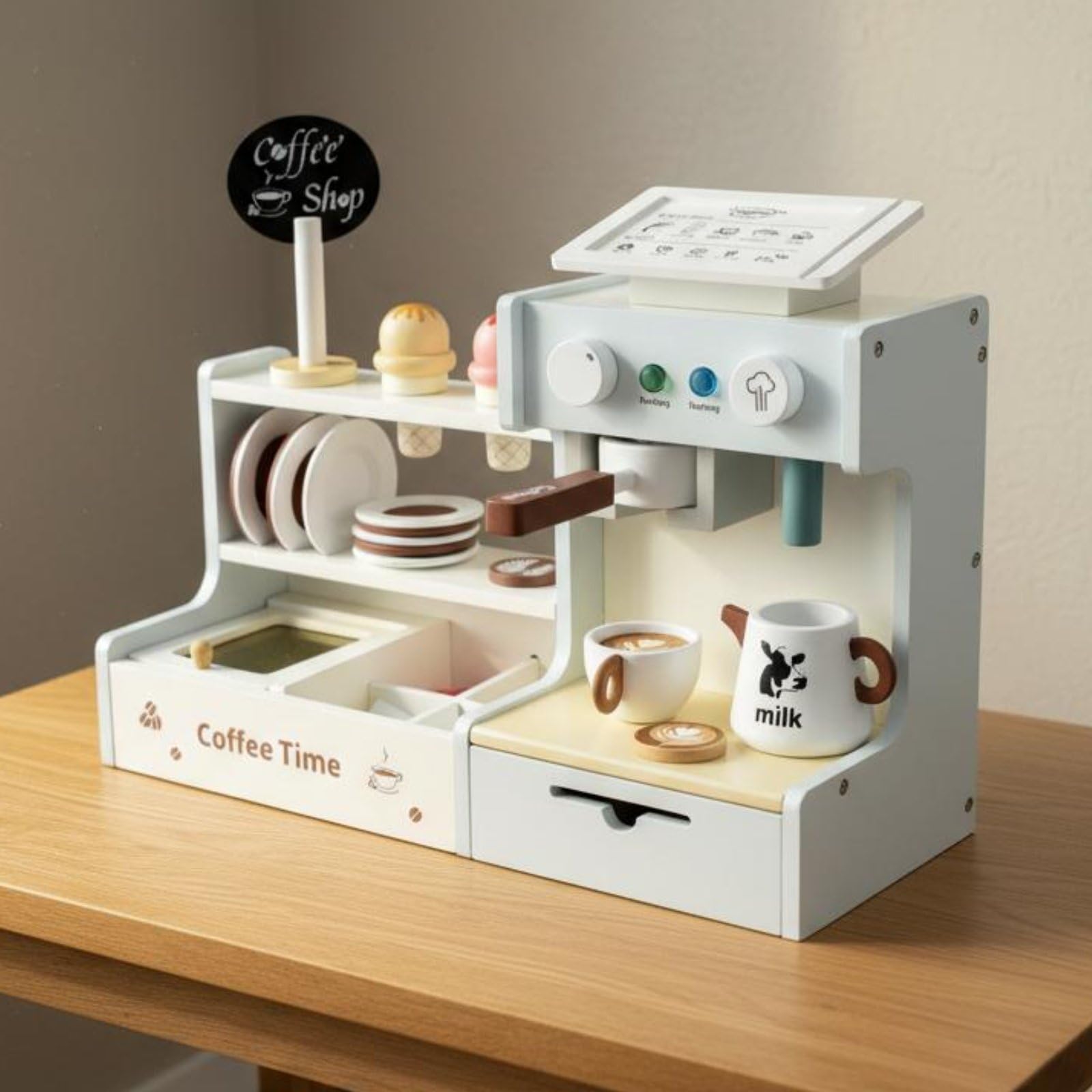 Harilla Set Caffetteria Giocattolo in Legno Macchina Caffè Accessori Servizio Carta Ordini Monete Finte Vernice a Base d'Acqua Adatto a Bambini Casa Scuola Apprendimento Creativo