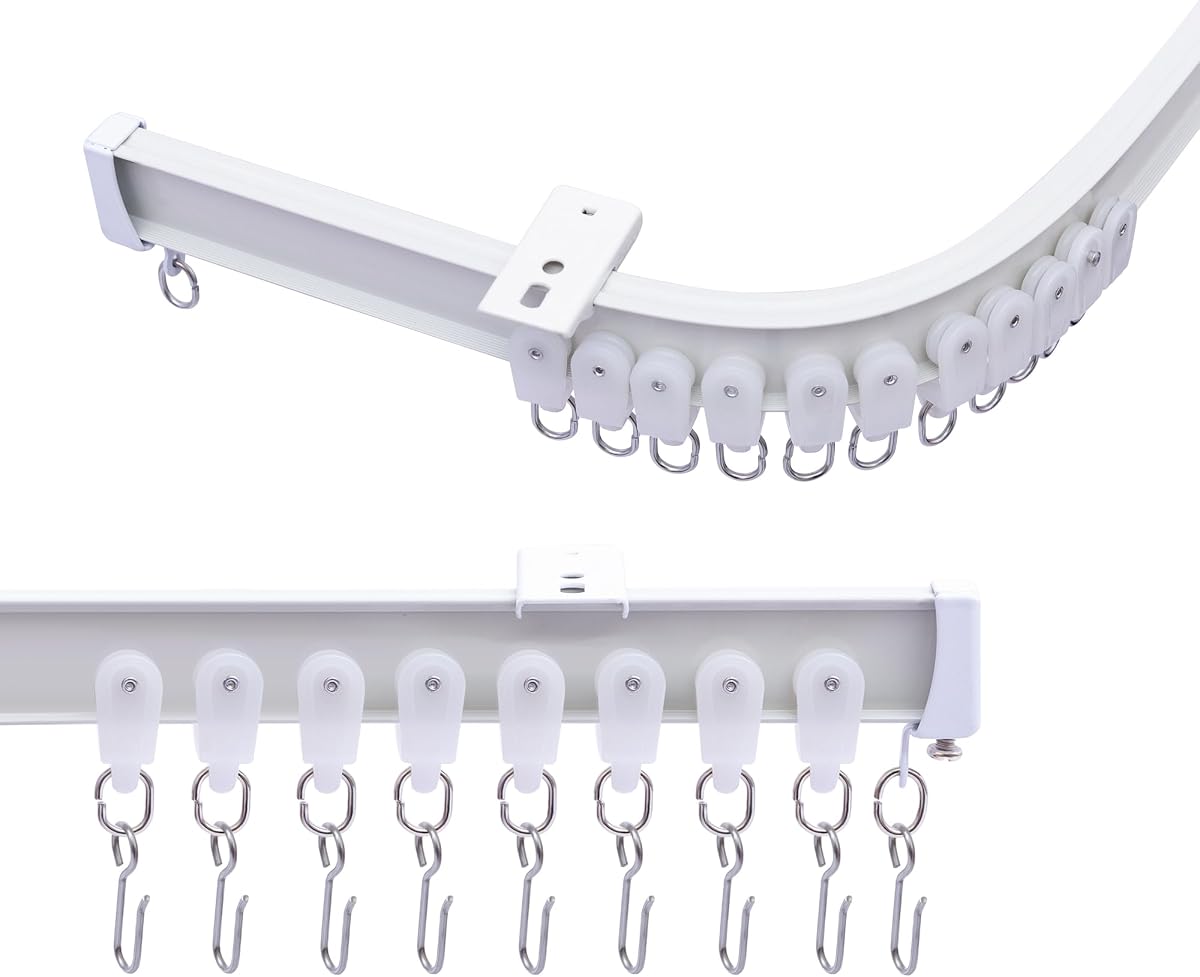 Ceiling Curtains Track System, Flexible & Bendable Curtain Tracks for Ceiling Mount, Heavy Duty Aluminum Sliding Room Divider Track Rail with Hooks for Living Room, RV, Office, White, 15ft