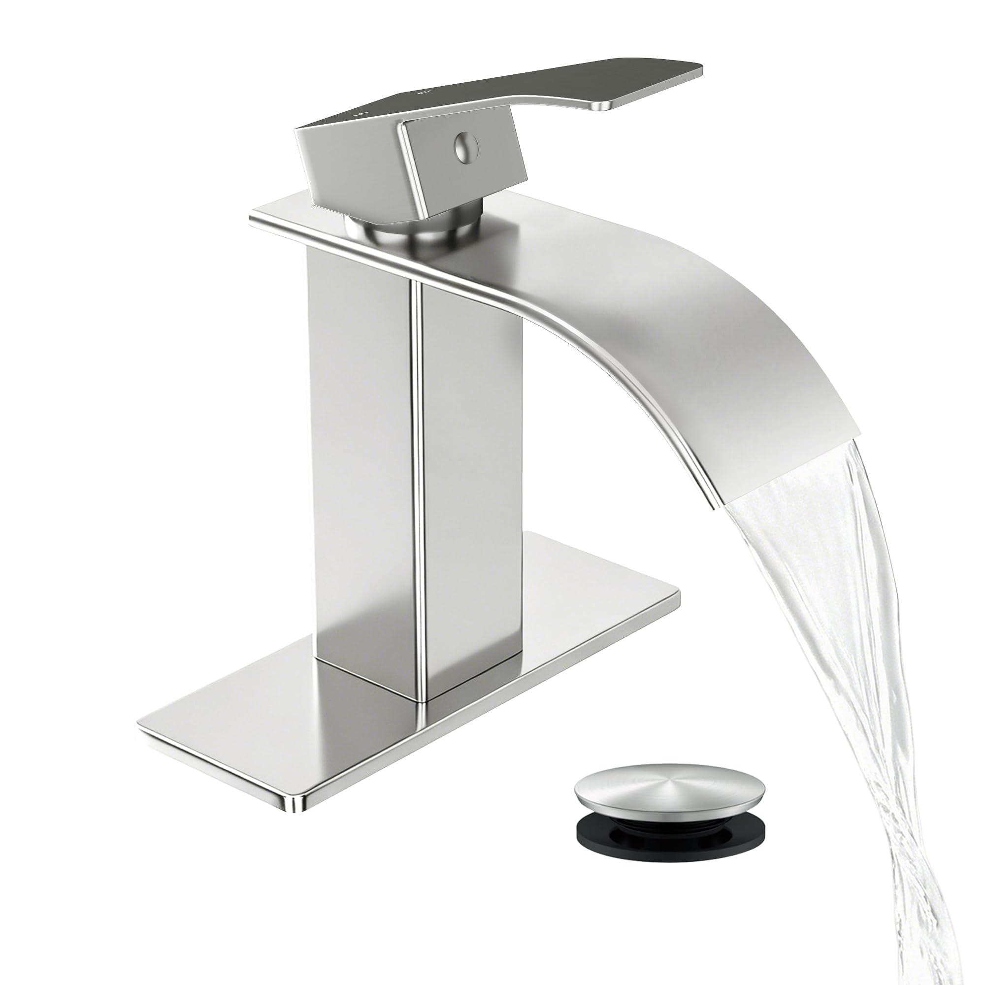 Nfusrxmbk Brushed Nickel Waterfall Bathroom Faucet Lavatory Single Handle 1 Or 3 Hole Bathroom Sink Faucet Washbasin Faucet With Deck And Pop-Up Drain