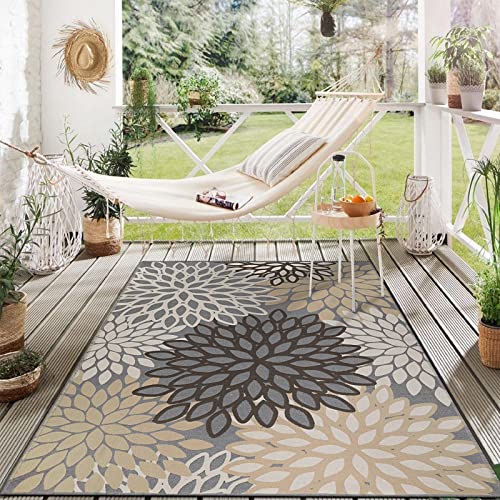 Kimode Indoor Outdoor Rug 5X7 Reversible Washable Floral Area Rug Low-Profile Living Room Rug Cotton Woven Large Patio Rug Multicolor Floor Carpet For Backyard,Deck,Porch,Bedroom-Grey #TOP20