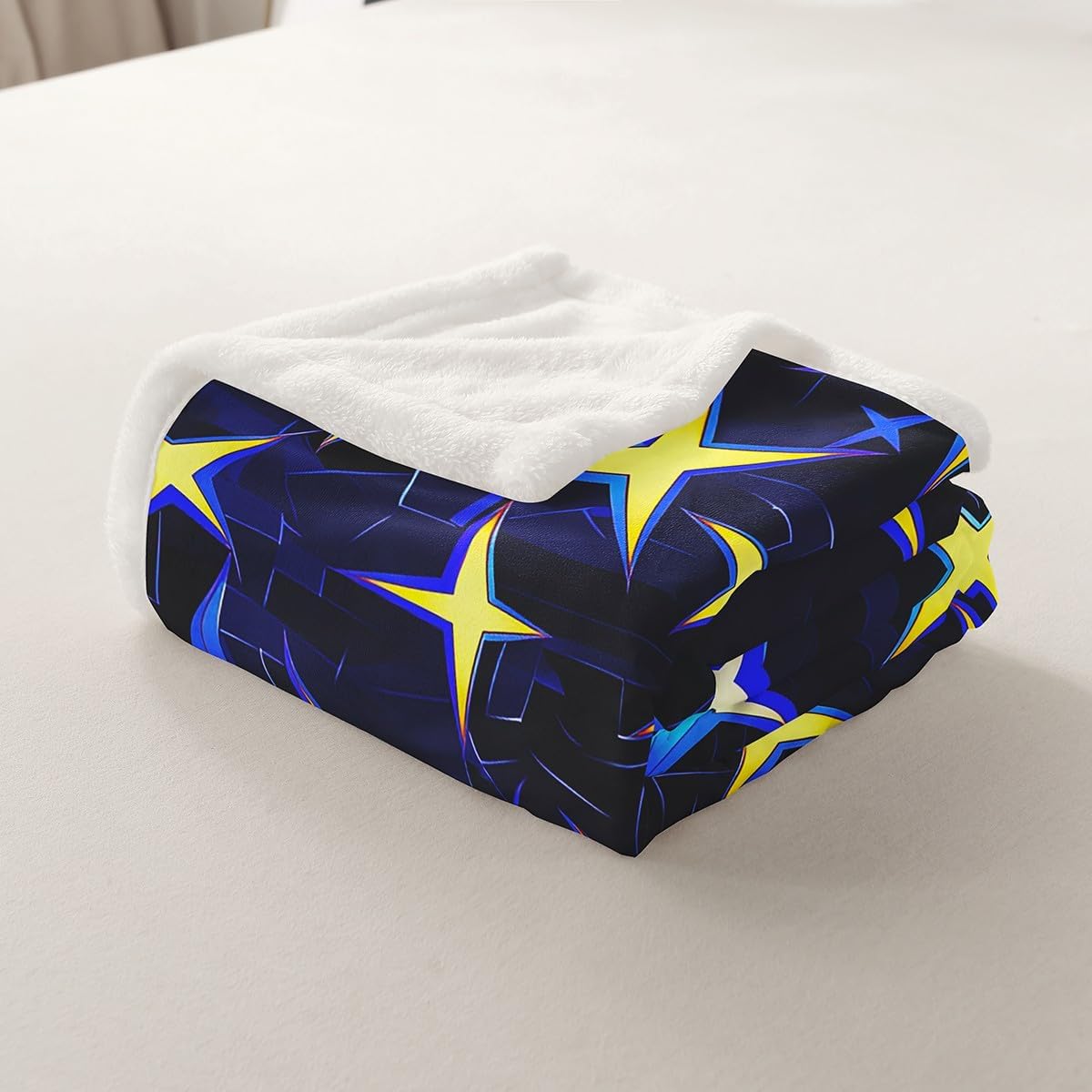 Feelyou Twinkle Stars Print Fleece Throw Blanket for Bed Sofa Couch Kids Queen 90"x90" Kawaii Cute Plush Blanket Modern Art Sherpa Blanket Bright Blue Fuzzy Blanket