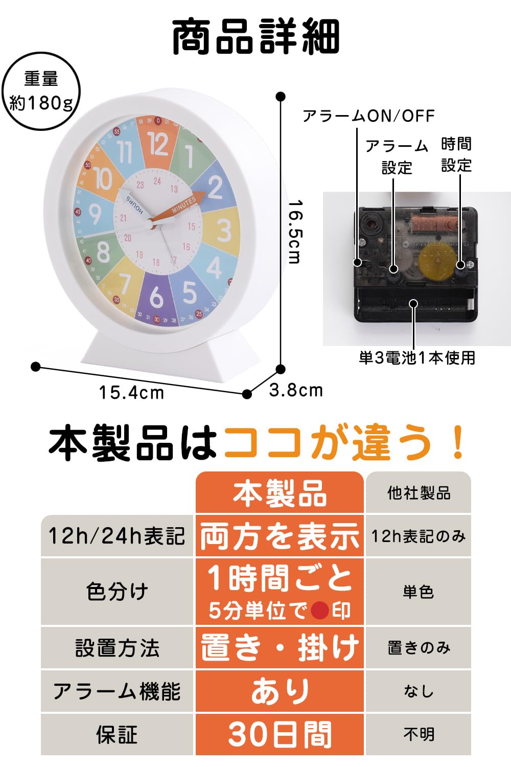 Amazon.co.jp: 目覚まし時計 子供 知育時計 選べる置き方/2WAY仕様