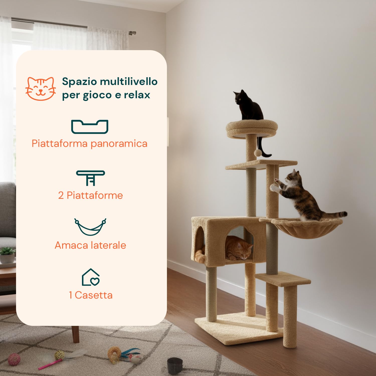 Avilia - Tiragraffi per Gatti 120 Cm Multilivello con Cuccia Chiusa e Amaca Laterale, Struttura con Colonne in Sisal e Giochi Pendente, Ideale per Uso Quotidiano in Casa (Beige)
