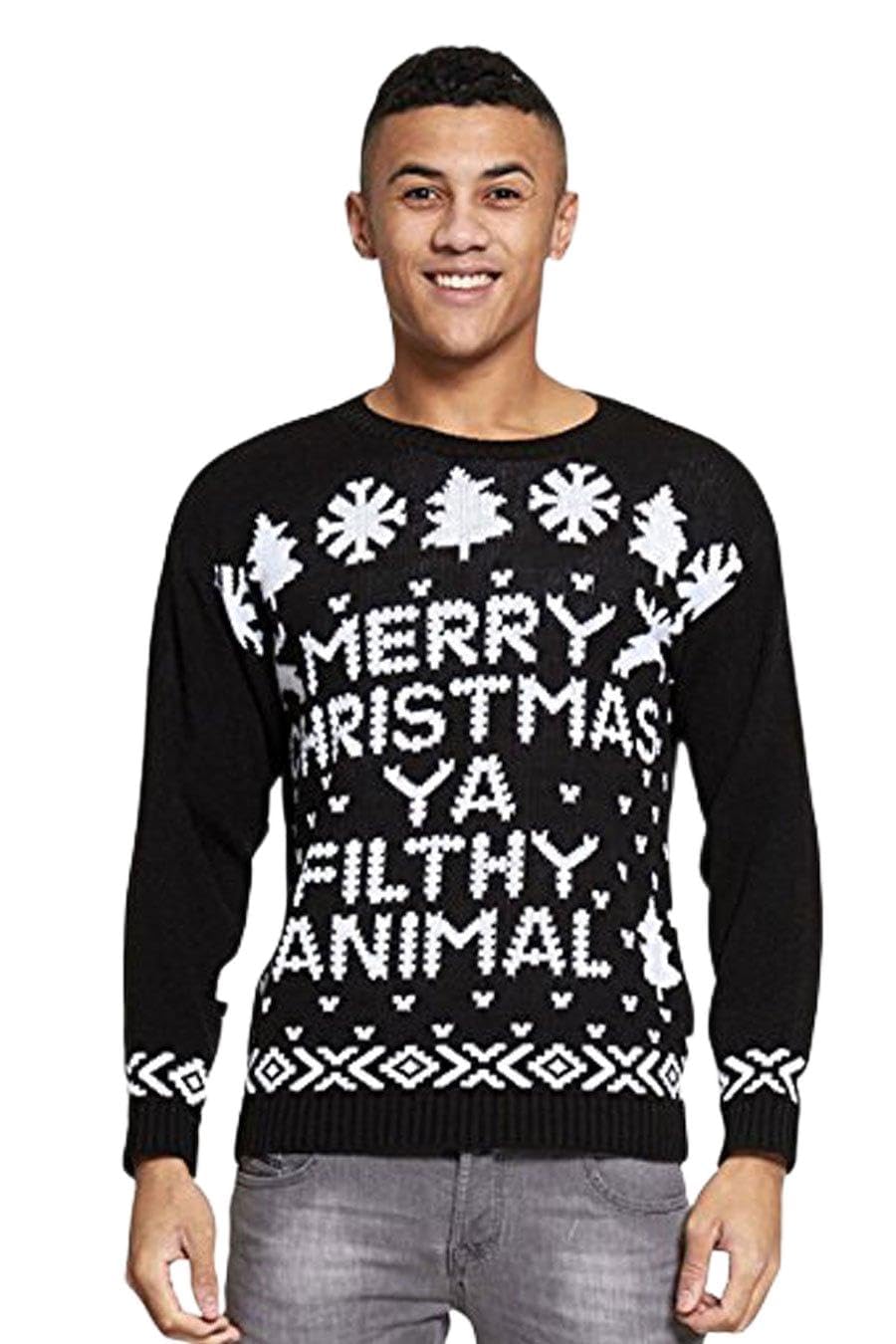 Aarhon Mens Mery Christmas Ya Filthy Animal Printed Knitted Christmas Jumper UK (UK, Alpha, XXL, Regular, Regular, Black)