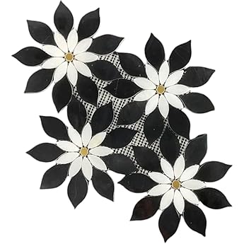 Anemone Flower Stone Mosaic Tile 5 Sheets Mixed Color Italian Gray Marble Stone Kitchen Backsplash Water Jet Mosaic Flooring Tile Interior for Kitchen Backsplash Wall 5 sq. ft. (Natural Black +White)