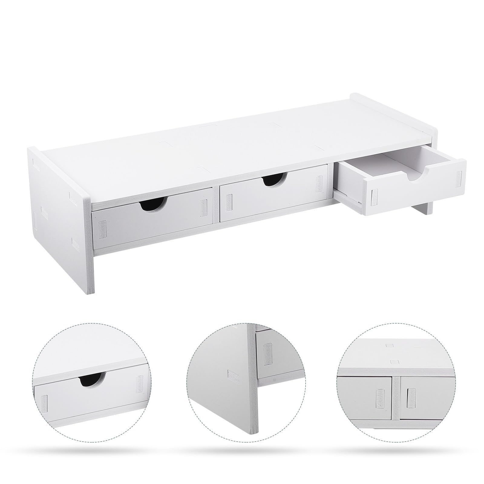 Supporto per Monitor Bianco in PVC Tre Cassetti per Aumentare Altezza Display e Organizzare Scrivania, per Ufficio e Postazioni Computer