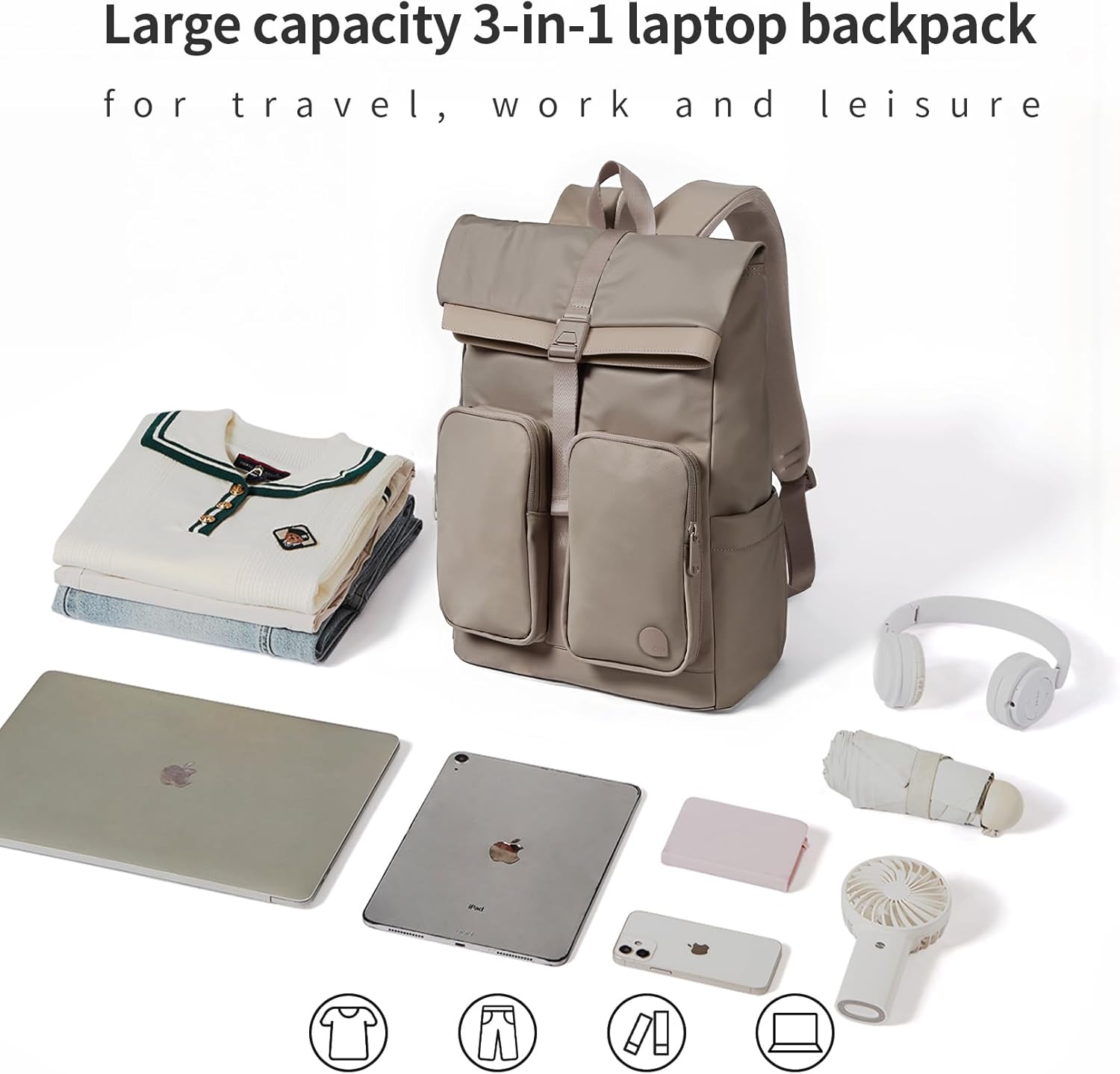 aji Travel Laptop Backpack for Men Women, Large School Backpack Fit 17Inch Laptop, Side Access&Wide Opening Expandable Carry on Backpack for Airplanes, Water Resistant Computer Backpack(Apricot)